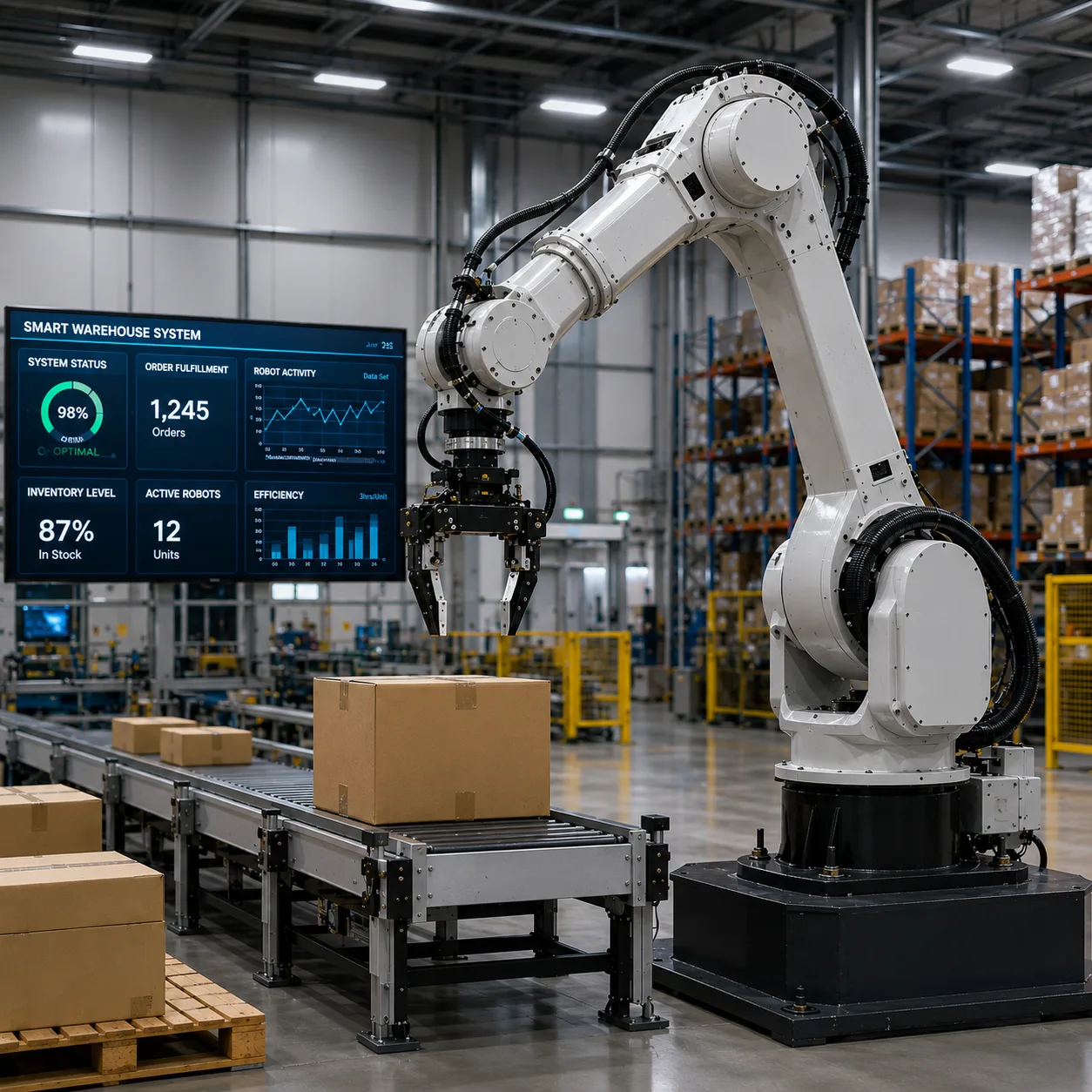 Industrial robotic arm in a smart warehouse