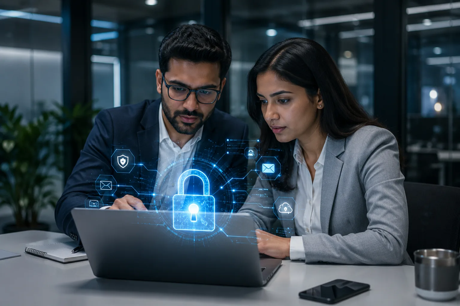 Business professionals working on cybersecurity protection