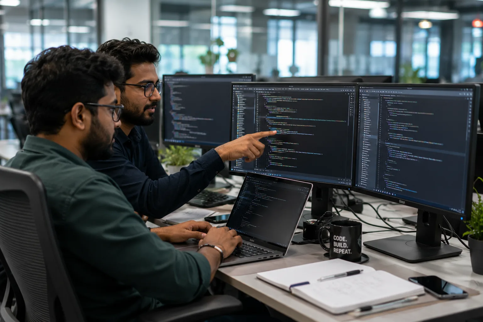 Software developers reviewing code together