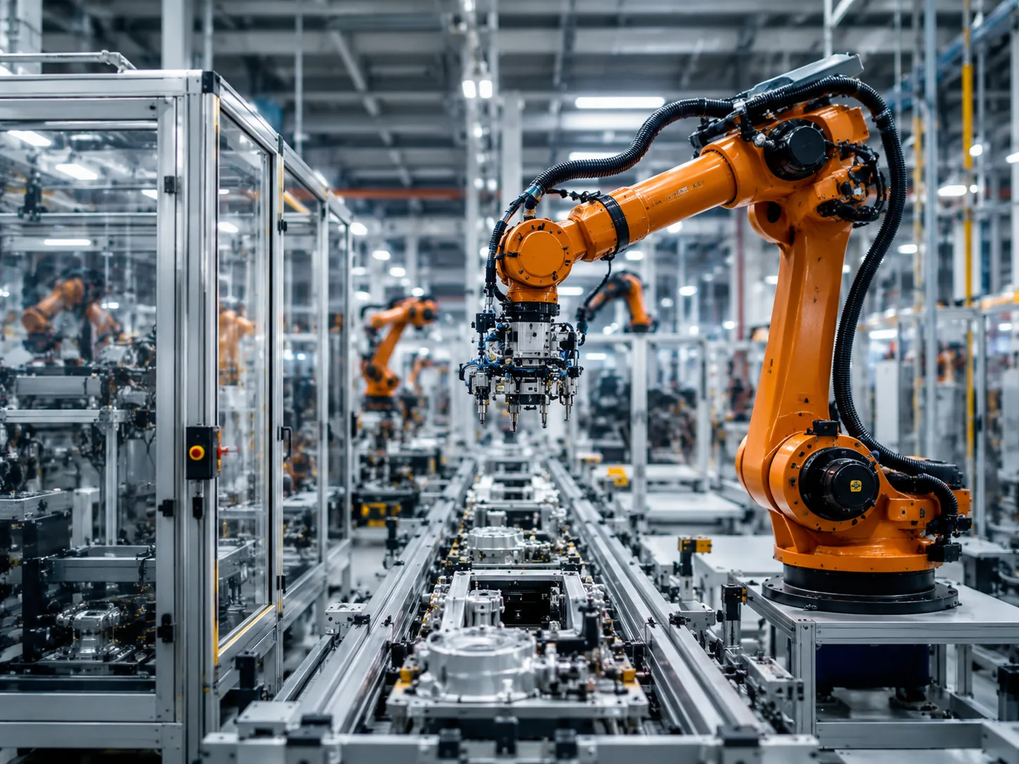Robotic arm on an automated factory assembly line