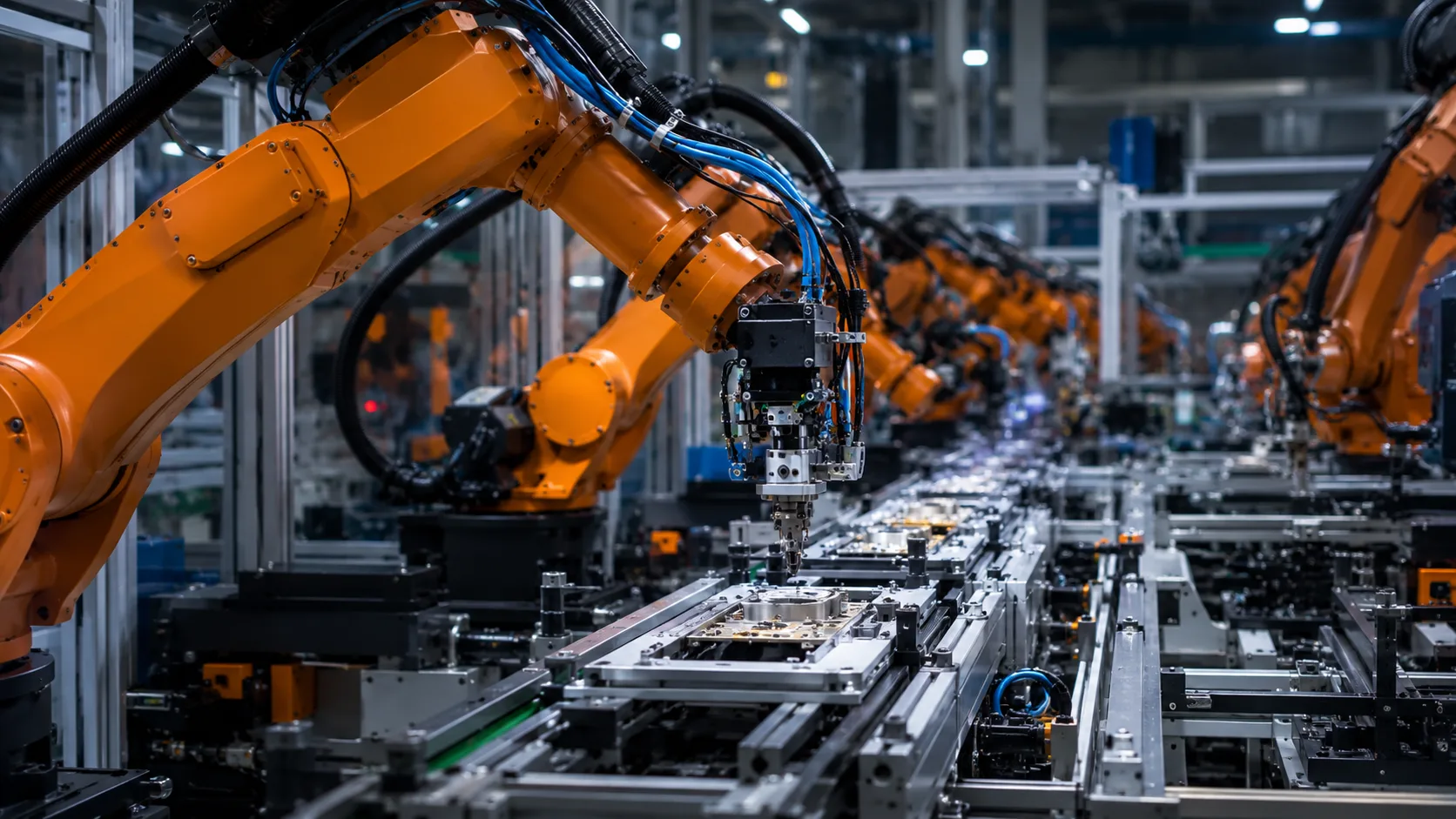 Industrial robotic arms on a production line