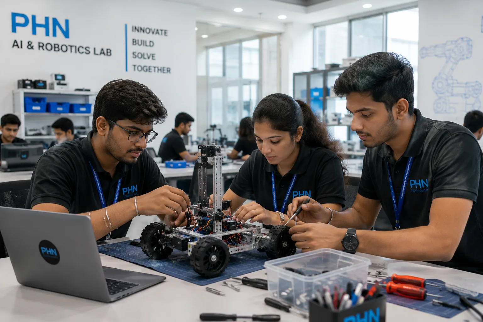 Students in a robotics engineering classroom